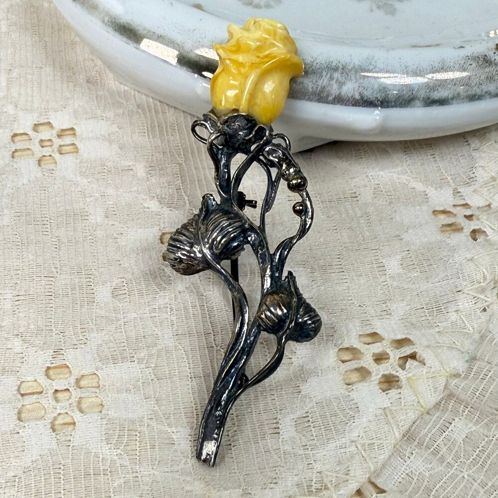 Vintage Silver Tone Oxidized Butterscotch Amber Rose Flower Brooch Romantic